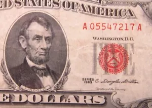 Billete de dólar de Estados Unidos $5 1963 A05547217A # sello rojo LINCOLN - Imagen 1 de 3