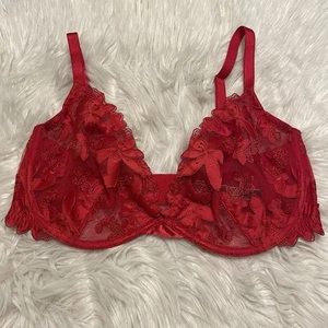 Victorias Secret 36DDD Bra Red Low Cut Demi Underwire Back Closure Floral Sheer - Picture 1 of 7