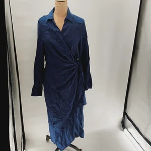 Magaschoni blau Leinen Midi Wickelkleid Gr. 10 Langarm leicht atmungsaktiv - Bild 1 von 12
