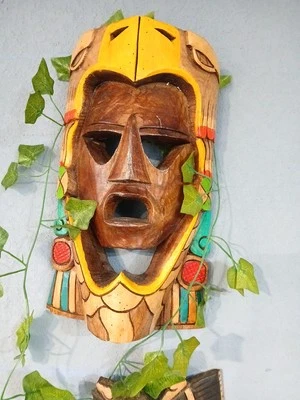 Decoración de jardín mexicano madera tallada máscara ritual azteca arte de pared 8 pulgadas "Por Pieza" Foto 1 de 4