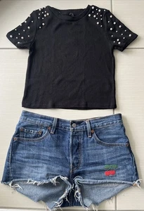 H&M T-Shirt cropped bauchfrei schwarz XS Ripp Strick mit Perlen☀️ - Bild 1 von 6