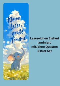 Lesezeichen Elefant laminiert Handmade mit/ohne Quaste – 1-10 Set Junge/Mädchen - Bild 1 von 2