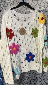 BIBI Langarmshirt weiß bunt Häkel Blumen bestickt Hippie - Bild 1 von 5