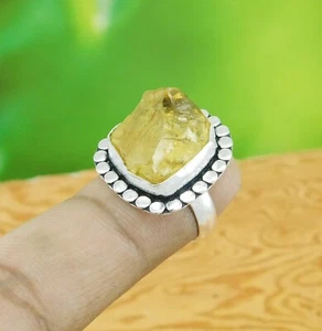 Anello fatto a mano in argento sterling 925 pietra preziosa citrino grezza misura USA 6 T60 - Foto 1 di 3