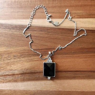 Cookie Lee Necklace Black Rhinestone Silvertone 18 Inch Chain Foto 1 de 4