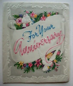 Grußkarte Tauben Blumen geprägt Hochzeitstag Vintage *J10 - Bild 1 von 3