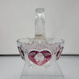 Vintage Enesco Lead Crystal Basket Red Heart Rose Germany Collectible Gift - Picture 1 of 14