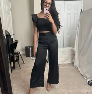 Black High Waisted Trouser Pants, Wide Leg, Silk Type Fabric, S - Picture 1 of 4