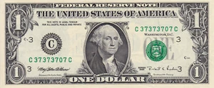 $1 Federal Reserve Note | Fancy Serial Number | Repeater | C37373707C - Picture 1 of 1