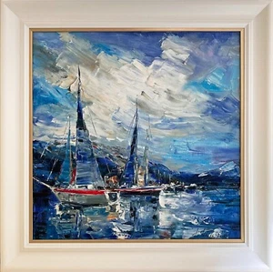 Original Framed Oil Painting Marine Sea Yachts Boats Seaside Sky Bay Ukraine Art - Picture 1 of 21