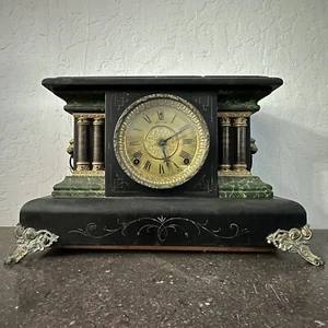 Antike Sessions Manteluhr Marmor Messing Gusseisen Säule Löwenkopf Vintage - Bild 1 von 5
