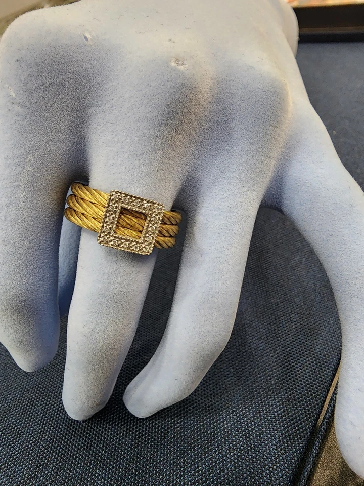 Philippe Charriol 18K White Gold Diamond Double Cable Band Square Ring Size 6.5 - Image 1 of 3