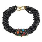 HSN Kenneth Jay 7 Row Black Beads Necklace With Enamel & Multi Stone Slides