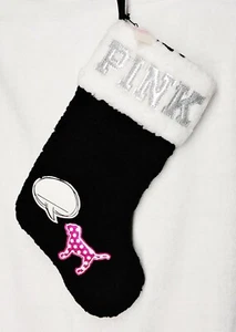 1 Victoria's Secret PINK Christmas Stocking Sock Gift Holiday BLACK SHERPA Logo - Picture 1 of 2