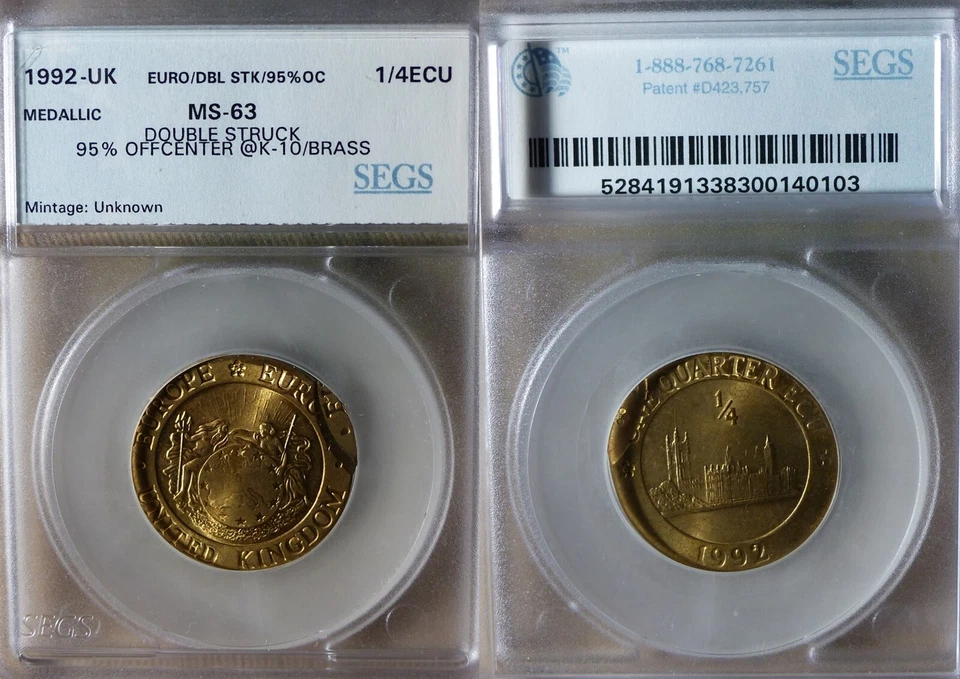 Error:Europa Pattern 1992 UK1/4 Ecu Double Struck 95% Off Center MS63 CT167 - Image 1 of 1