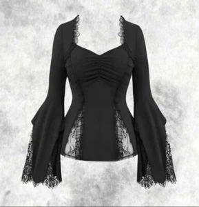 New Black Medieval Gothic Lace Insert Flared Sleeve Blouse Top size 2XL 20 22 24 - Picture 1 of 9