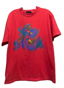 Laurel Burch 90s Red T-shirt Guatemalan Songbirds Single Stitch Birds Sz M/L - Picture 1 of 14