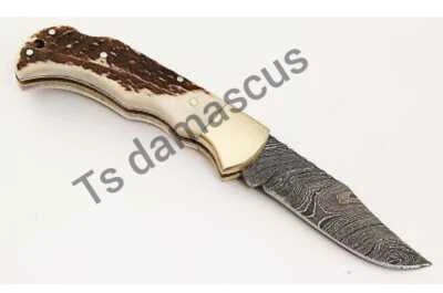 Handmade Damascus folding knife stag handle   - Image 1 of 4