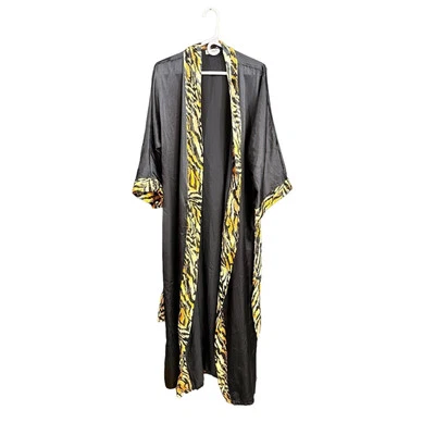 Vintage Lucie Ann II Black Animal Print Trim Satin Silky Robe Women's L - Image 1 of 4