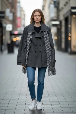 Nuevo Abrigo Calvin Klein Mujer Talla 14 Doble Pecho Gris Mezcla Lana Chaquetón Guisante Foto 1 de 4