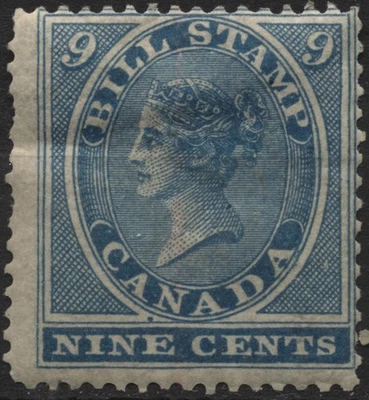 Canada 1864 VanDam #FB9 - 9c blue bill stamp, 1st issue, perf 12.5 (rf 4), MH - Image 1 of 2