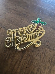 Vintage Gold Tone Merry Christmas Pin Back Brooch - Picture 1 of 2