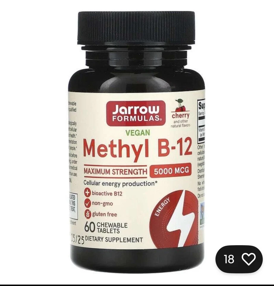 Jarrow Formulas, Vegan Methyl B-12, Max Strength, Cherry, 5,000 mcg, 60 Chew Tab - Image 1 of 3