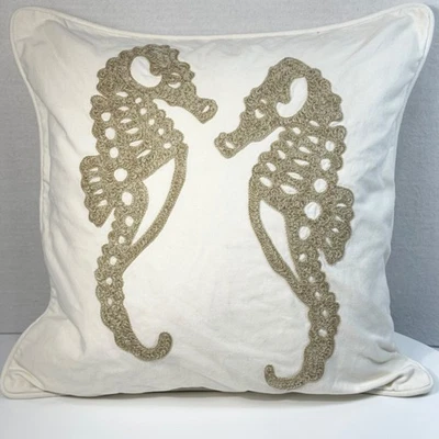 Pottery Barn Throw Pillow Seahorse Creme Beige Embroidery 18x18 Feather Insert - Image 1 of 4