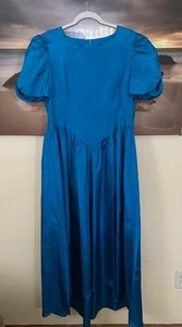 VTG 80s 90s Teal Green Puff Slv Satin Hi Lo Scallop Prom Bridesmaid Dress L/XL - Picture 1 of 9