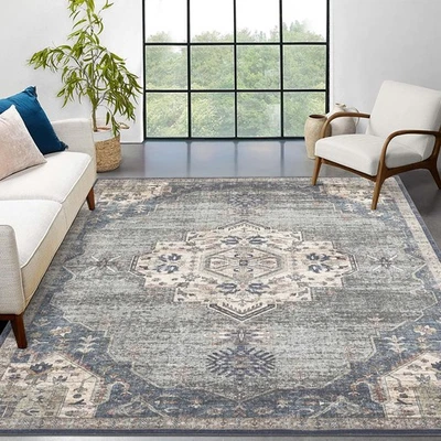 Alfombra de área vintage 8x10 alfombra medallón lavable pelo bajo alfombra de piso envejecido... Foto 1 de 4