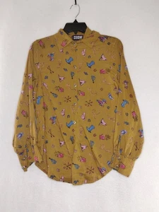 Dion Womens Size Small Color Brown/Multi Long Sleeve Button Up Boot Print Shirt - Picture 1 of 4