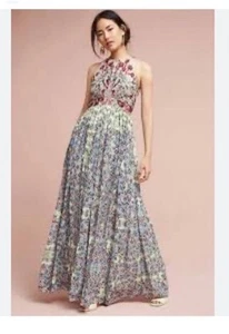 Bhanuni By Jyoti Greene Anthropologie Viscose Georgette Floral Printed Gown 10 - Picture 1 of 12