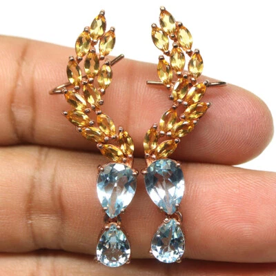 Gemstone Sky Blue Topaz & Yellow Citrine Earrings 925 Silver Rose Gold  - Image 1 of 4