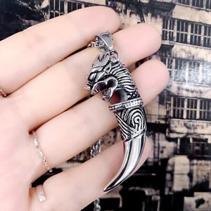 Mens Wolf teeth necklace dragon head punk stainless steel - Picture 1 of 5