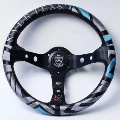 VERTEX 13'' Blue&Grey Embroidery Deep Dish Racing Car Drift Rally Steering Wheel - Image 1 of 4