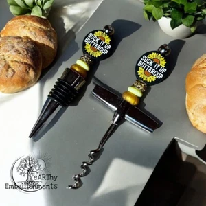 Handmade Wine Stopper/Corkscrew Set, Bling Beaded, Sunflower, Suck It Up Butter. - Picture 1 of 1