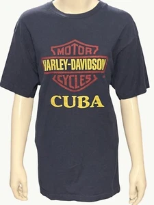 Graphic T Shirt Navy Blue Short Sleeve Med Cotton Mans Tee Harley Davidson Cuba - Picture 1 of 6