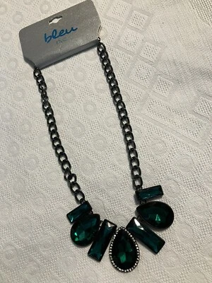 NEW W/ TAGS Bleu NYC Launch GREEN STONES Gun Metal Chain Statement Necklace - Image 1 of 4