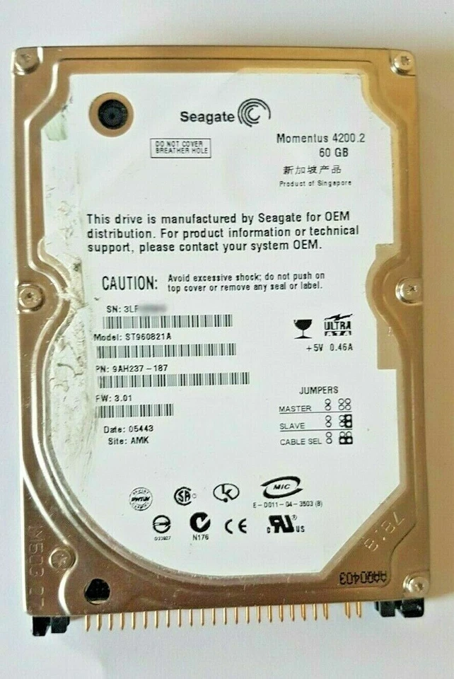 60 GB Ide Seagate Momentus 4200.2 ST960821A P-Ata 8MB 2.5 " Hard Drive - Image 1 of 1