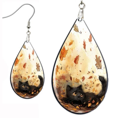 Autumn Leaves Black Kitten Cat Earrings Teardrop NO TARNISHING Wood Fall Colors - Image 1 of 4