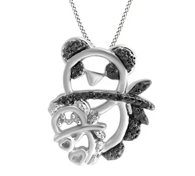 0.06 Ct Black & White Natural Diamond Mom & Baby Panda Pendant 925 Silver - Image 1 of 4