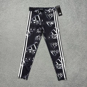 Adidas Pants Girls Small 7/8 Black Leggings All Over Print Logo Activewear - Picture 1 of 10