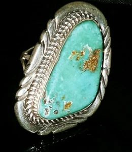Native American Navajo Size 5.5 Fox Turquoise & Sterling Silver Signed Ring - Picture 1 of 12