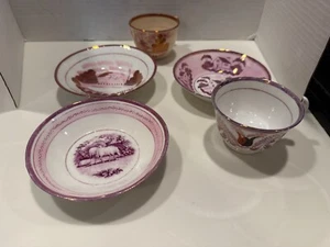 Antikes rosa glänzendes Glanzgeschirr 3 SCHÜSSELN 2 TASSEN - Bild 1 von 6