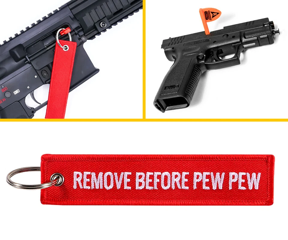 Keychain REMOVE BEFORE PEW PEW Safety Tag Keyring Empty Chamber Flag Rifle Gun
