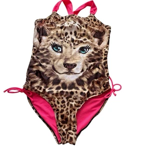 Justice Girls One Piece Leopard Swimsuit Cinched Ties Lined Rhinestones Size 14 - Picture 1 of 6