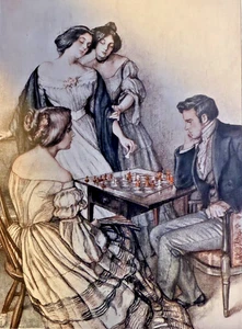 1909 Magazine Illustration Victorian Man & Woman Playing Chess Howell Ingham - Picture 1 of 2