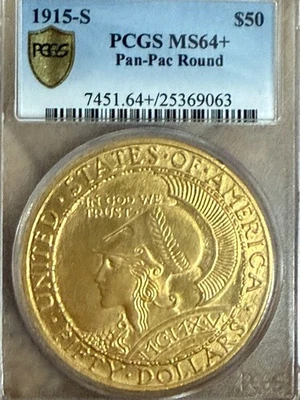 1915-S Pan-Pac $50 Gold Round & Octagonal Pair – PCGS MS64+ – Rare Set - Image 1 of 4