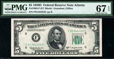 1950d $5 Atlanta Federal Reserve Note FRN • 1965-F • PMG 67 EPQ • POP 3/1 - Image 1 of 2