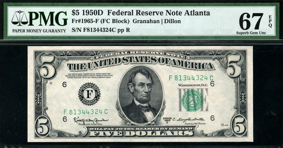 1950d $5 Atlanta Federal Reserve Note FRN • 1965-F • PMG 67 EPQ • POP 3/1 - Image 1 of 2